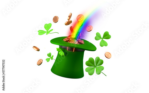 Leprechauns hat with the end of the rainbow St. Patrick’s Day. Shamrocks and gold coins. 3d rendering