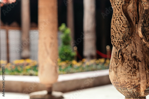 Closeup of old column with carving, Khiva, Uzbekistan
