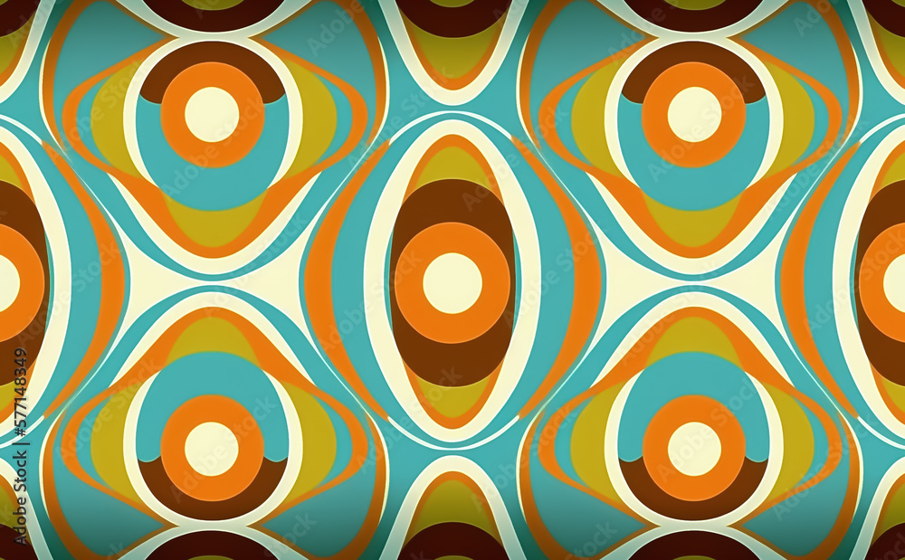 Colorful ‘70s Retro Style poster art with flowers, and psychedelic wavy shapes, colors in orange, pale blue, yellow and greens. Background texture. Illustrative Generative AI. Colorful ‘70s Retro Style poster art with flowers, and psychedelic wavy shapes, colors in orange, pale blue, yellow and greens. Background texture. Illustrative Generative AI.