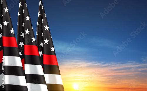 Thin Red Line. Firefighter Flag. Remembering, memories on fallen fire fighters officers on duty. EPS10 vector