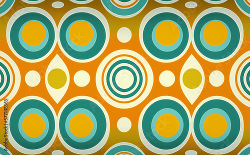 Colorful ‘70s Retro Style poster art with flowers, and psychedelic wavy shapes, colors in orange, pale blue, yellow and greens. Background texture. Illustrative Generative AI. 