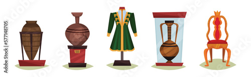 Museum Ancient Artifacts and Archaeological Exhibit Elements Vector Set