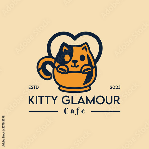 Kitty glamour cat with cup heart logo in vector template design