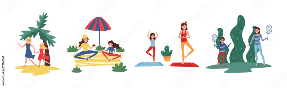 Mother and Daughter Spending Time Together Engaged in Different Activity Vector Set