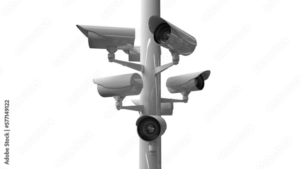 Animation of security cameras on pole on white background Animation of security cameras on pole on white background