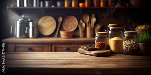 table en bois pour la présentation de produits avec arrière-plan légèrement flou. Décor intérieur d'une cuisine rustique  photo