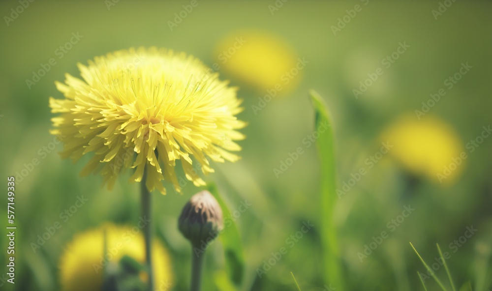  a yellow dandelion in a field of green grass with yellow flowers in the foreground and a blurry background of the grass.  generative ai