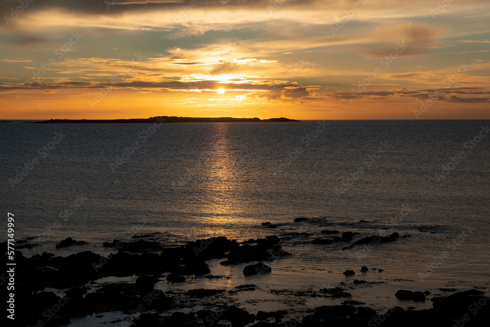 Picturesque sunset over the Atlantic Ocean at Cross Abbey, Mullet Peninsula, County Mayo, Ireland