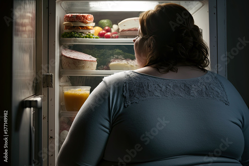 Generative Illustration Ai of a plus size woman looking at food in the fridge at home
