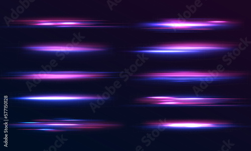 Beautiful glow light flare and spark. Red blue special effect, speed police line. Magic of moving fast lines. Laser beams, horizontal light rays. Particle motion effect. Vector	