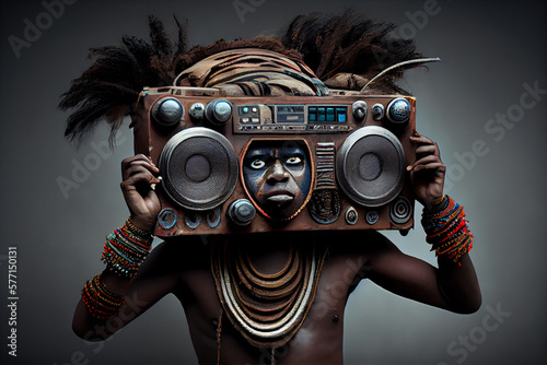 Cargo cult of boombox, somewhere in a remote tribe. Created with Generative AI technology.