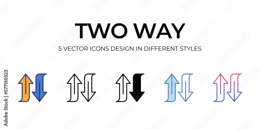 two way Icon Design in Five style with Editable Stroke. Line, Solid, Flat Line, Duo Tone Color, and Color Gradient Line. Suitable for Web Page, Mobile App, UI, UX and GUI design.
