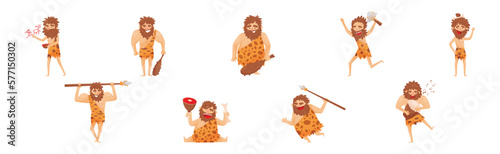 Funny Stone Age Prehistoric Man in Different Situations Vector Set