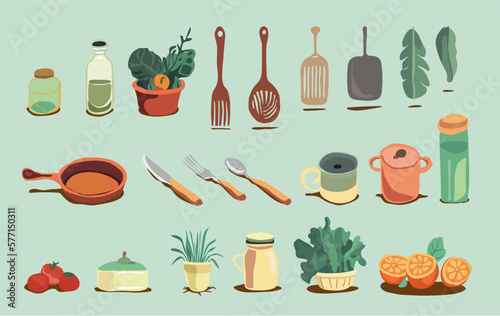 Set de iconos de diversos articulos de cocina estilo dibujo a mano, vectorial para diseño de recetarios o afiches de cocina, chefs, alimentos.