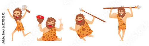 Funny Stone Age Prehistoric Man in Different Situations Vector Set