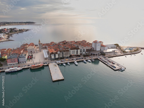 Umag. Aerial view of historic landmarks in town of Umag, Istria region of Croatia 