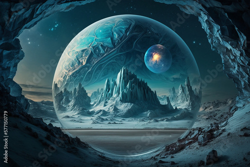 Surreal winter desolated planet with glacial inside a crystal glass ball landscape wallpaper made by generative ai