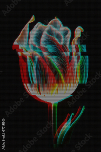 Glitched glowing neon tulip. Abstract glitch background. Cyberpunk wallpaper in a style of 80's. Futuristic concept. EPS 10. Creative graphic design for poster, brochure, flyer and card.