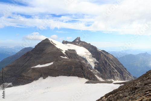 Mountain snow and glacier panorama with summit Klockerin and Großes Wiesbachhorn in Glockner Group, Austria