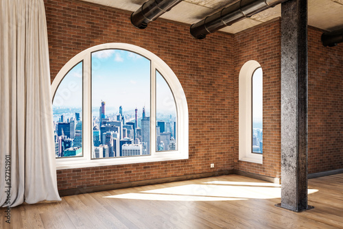 empty luxurious loft apartment with arched window and panoramic view over urban downtown; noble interior design mock up with white curtain and wooden floor; 3D Illustration photo