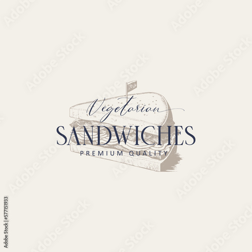 Engraving logo sandwich silhouette and modern vintage typography hand drawn style vector illustration. Fast food label for packaging and restaurant menu decoration.
