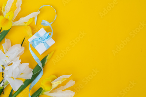 Fotografia Irises flowers on bright yellow spring background, Easter festive background wit