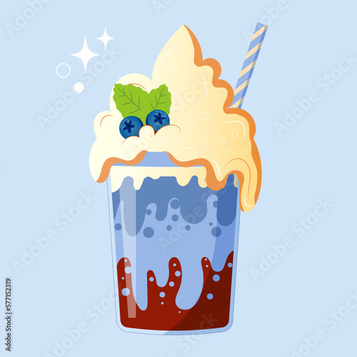 Coffee with blue syrop. Coffe with blueberry, blue background