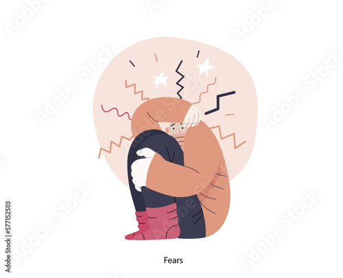 Mental disorders illustration. Fears- modern flat vector illustration of woman dreading nervous, bracing herself meeting with stress experience. People emotional, psychological, mental traumas concept