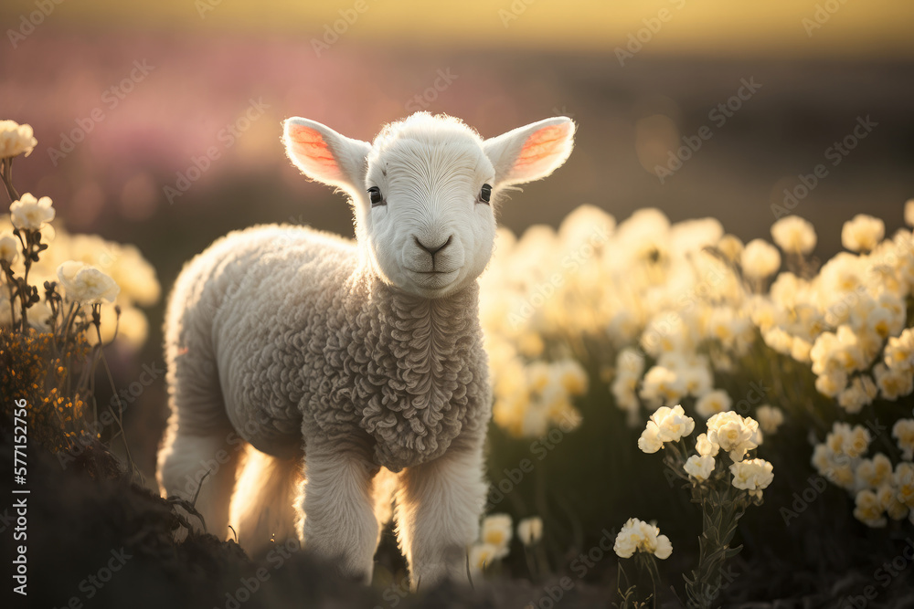 A cute baby spring lamb in a field of spring flowers. Generative ai A cute baby spring lamb in a field of spring flowers. Generative ai