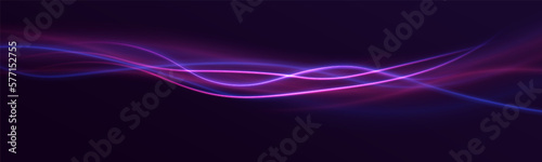 Purple electric light for banner. Round circle picture frame with two tone neon color shade motion graphic. Violet light moving. Pink, blue glow rings. Glowing neon line in form circular path. Vector.