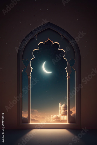 Arabic door to Ramadan month with Crescent moon