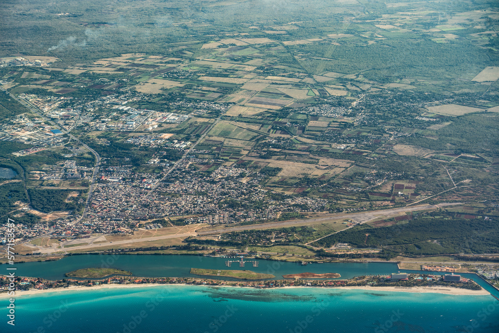 Aerial Landscape view of area around  Santa Marta in Cuba  with old Santa Marta Airport, Laguna de Paso Malo and a long tropical beach 