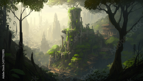 Fantasy landscape with ancient ruins and fantasy forest. Generative AI