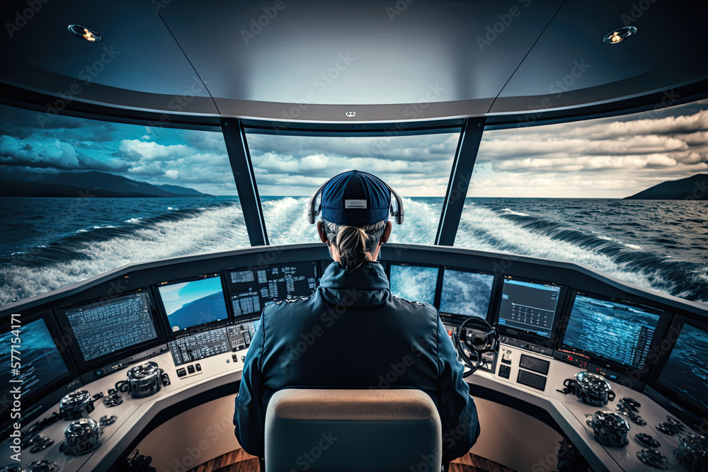 Generative AI Illustration of a sea captain in the cockpit of a