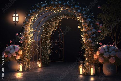Foto Wedding archway with flowers and lanterns. Generative AI