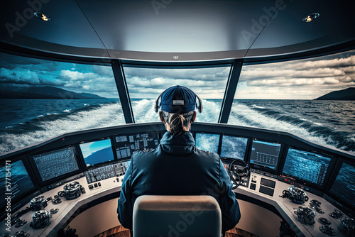 Generative AI Illustration of a sea captain in the cockpit of a transatlantic ship sailing the sea