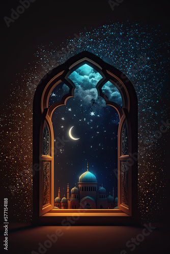 Arabic door to Ramadan month with Crescent moon