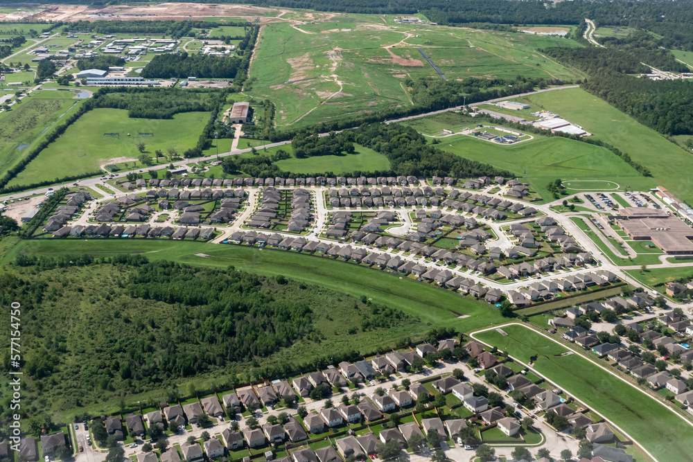 Aerial view of Suburban Subdivisions in on the North Side of Houston, Texas, USA
