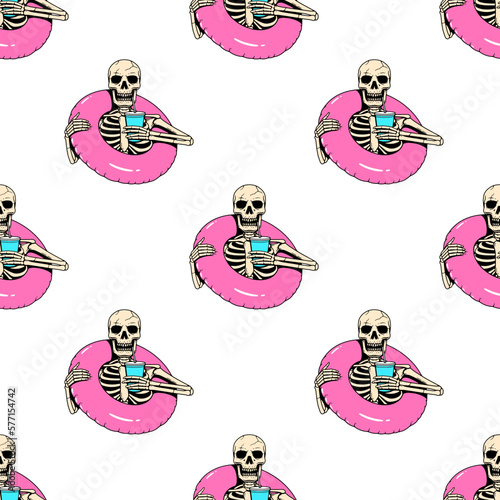 SKELETON WITH INFLATABLE CIRCLE AND COCKTAIL COLOR SEAMLESS PATTERN WHITE BACKGROUND
