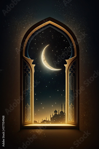 Arabic door to Ramadan month with Crescent moon