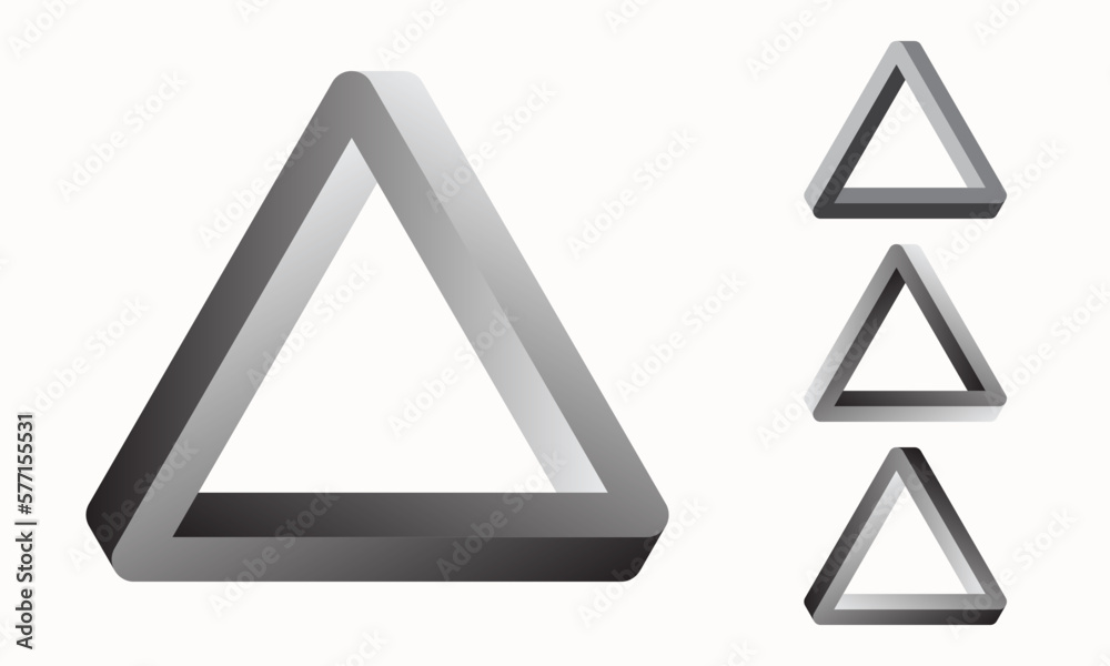 Set of four impossible triangles. Penrose triangle. Geometric 3D object optical illusion triangle icon. Modern design elements for website, poster and flyers. Vector illustration. Set of four impossible triangles. Penrose triangle. Geometric 3D object optical illusion triangle icon. Modern design elements for website, poster and flyers. Vector illustration.