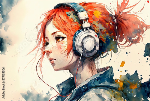 Beautiful red haired anime girl in headphones, portrait of anime girl, anime illustration, generative ai