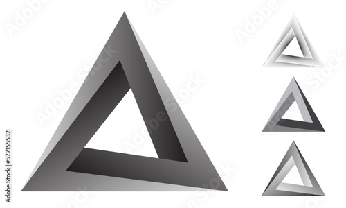 Set of four impossible triangles. Penrose triangle. Geometric 3D object optical illusion triangle icon. Modern design elements for website, poster and flyers. Vector illustration.