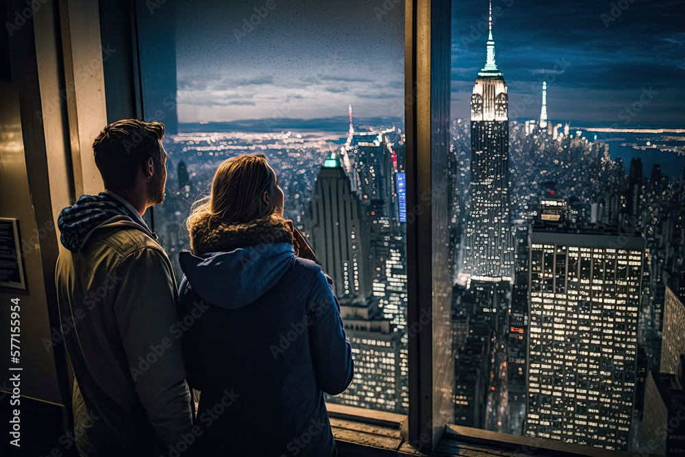 Generative AI Illustration of a couple looking out the window at the ...