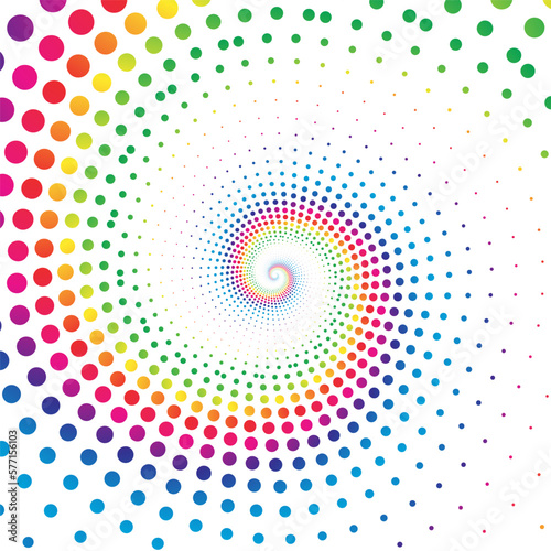 Rainbow dot circle spiral halftone on the white background. Vector illustration.