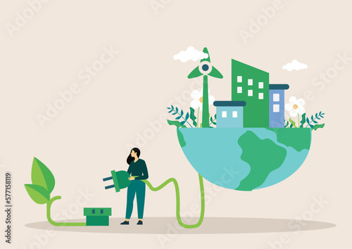 Sustainable economic growth with renewable energy and natural resources. Green energy, sustainable industry, and manufacturing concept. Vector illustration.