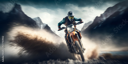 Banner Extreme motocross jump on bike, background mountain. Generation AI