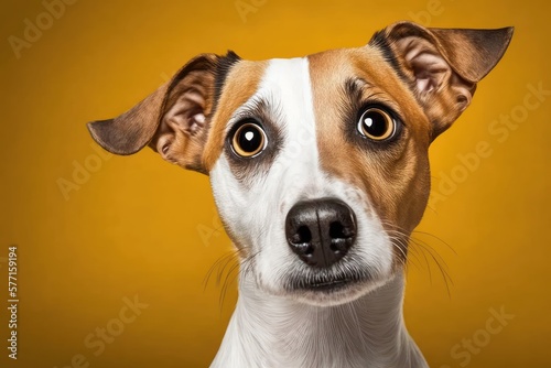 Curious interested dog looks into camera. Jack russell terrier closeup portrait on yellow background. Funny pet © OLKS_AI