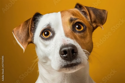 Curious interested dog looks into camera. Jack russell terrier closeup portrait on yellow background. Funny pet