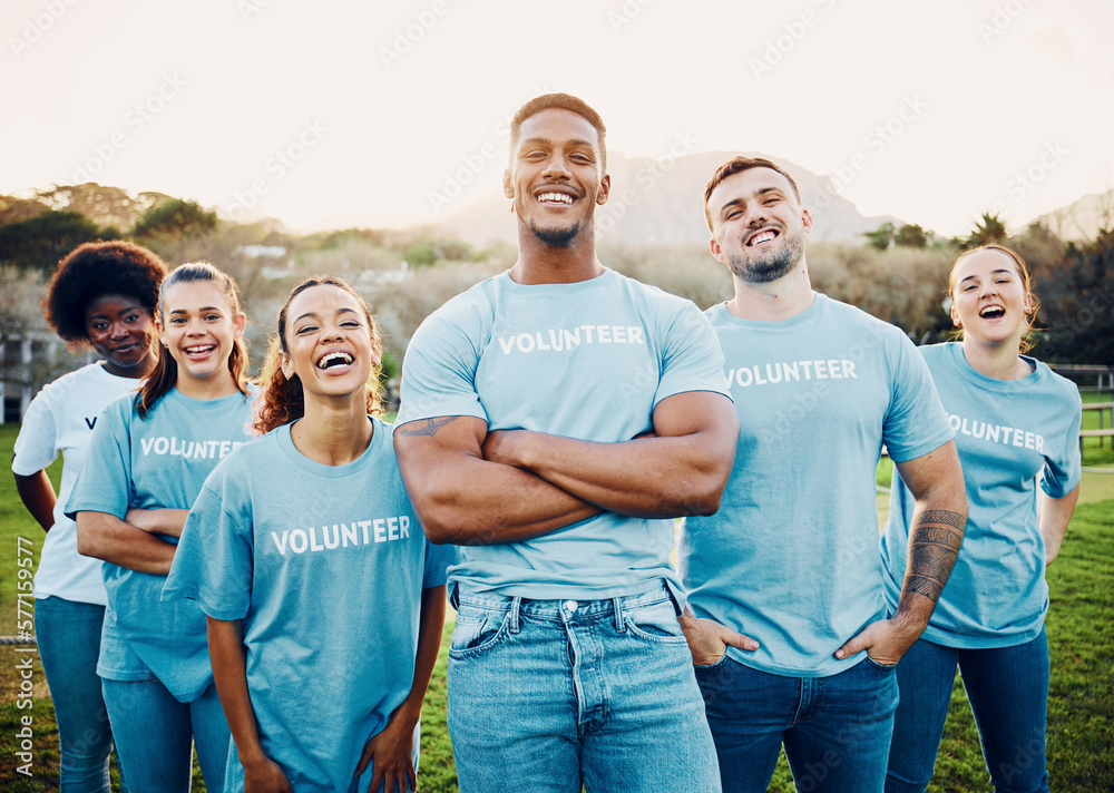 Obraz premium Volunteer group, teamwork and community service, eco friendly help with people in portrait, solidarity and sustainability, Happy, environment and sustainable development with volunteering to clean